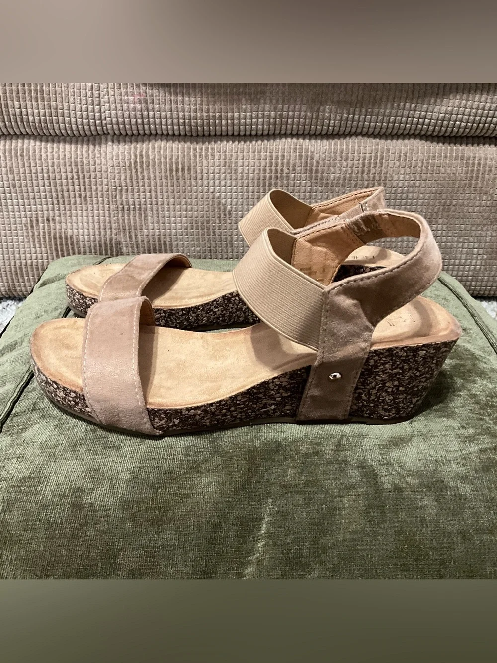 Neutral Taupe Suede Cork Wedge Sandals with Elastic Back